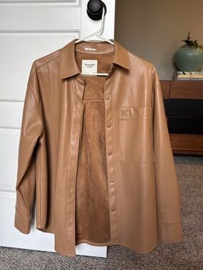 Abercrombie & Fitch Camel Faux-Leather Oversized Shirt Jacket